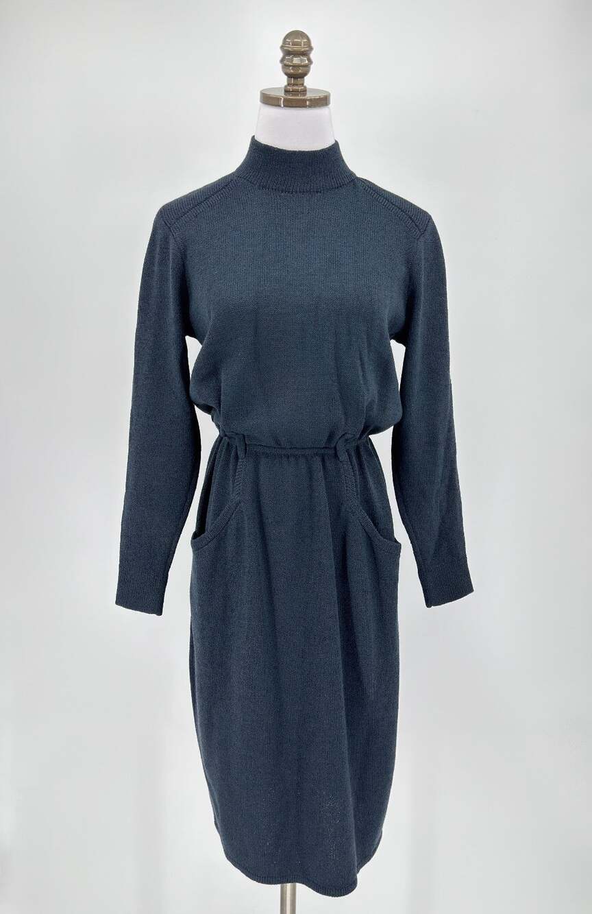 Vintage St. John Black Knit Mock Neck Long Sleeve Midi Blouson Dress Long Sleeve